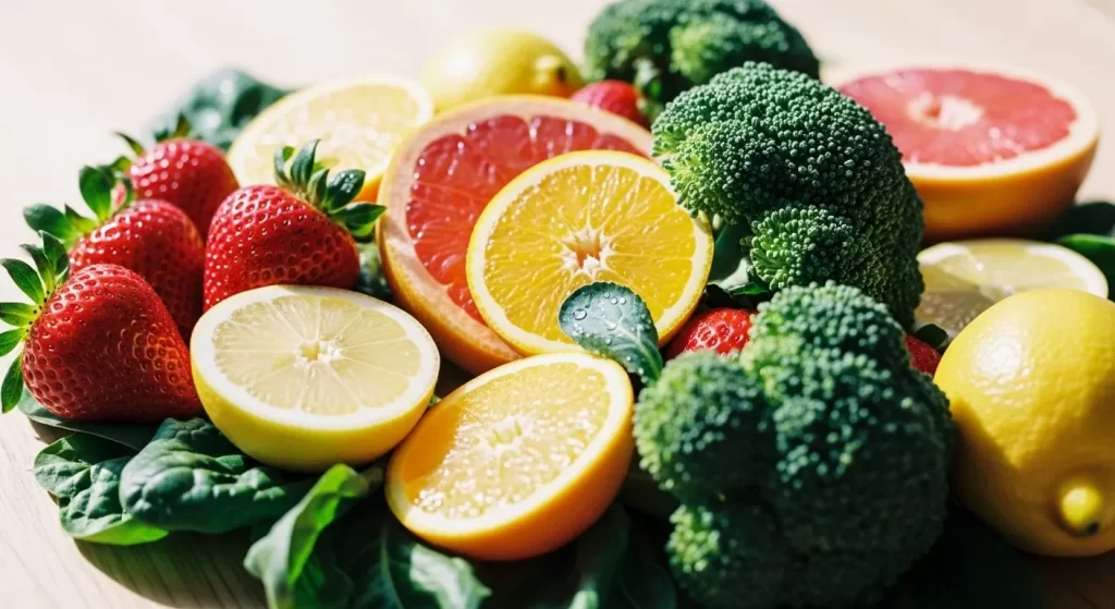 Frutas e vegetais ricos em vitamina C e antioxidantes para fortalecer a imunidade.