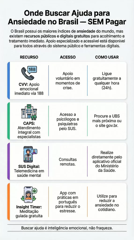 infográfico com recursos gratuitos de saúde mental no Brasil: CVV 188, CAPS, SUS Digital, Insight Timer