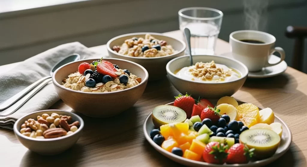 Exemplo de café da manhã com alimentos que fortalecem a imunidade: frutas, iogurte e oleaginosas.