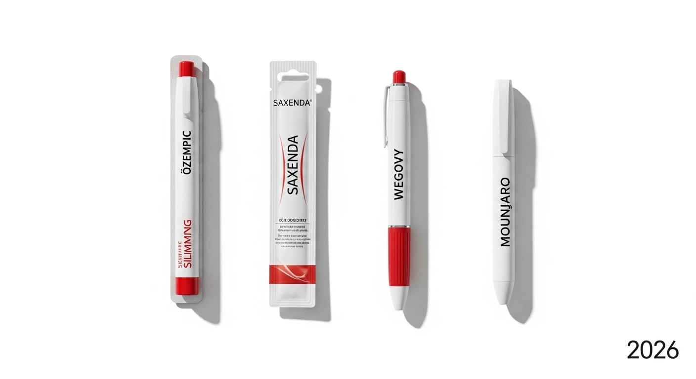 Caneta emagrecedora Ozempic, Saxenda, Wegovy e Mounjaro lado a lado em fundo branco mostrando comparativo de tratamentos para obesidade 2026