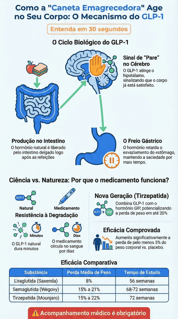 Infográfico explicativo de como funciona o hormônio GLP-1 nas canetas emagrecedoras mostrando intestino, cérebro e controle de apetite