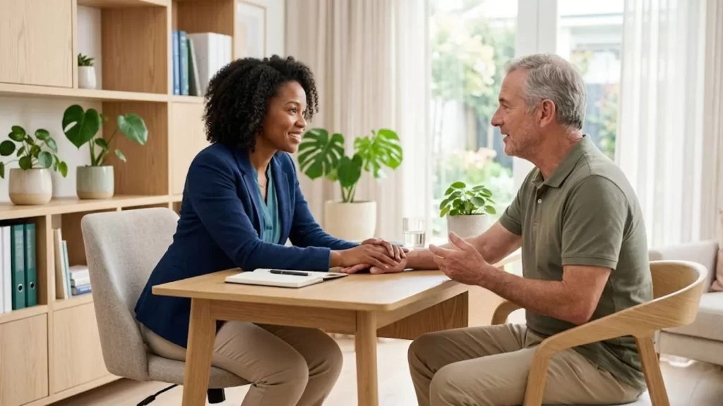 Homem maduro em consulta médica acolhedora recebendo orientações sobre o diagnóstico de pressão alta.