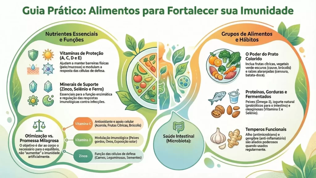 Infográfico com grupos de alimentos que fortalecem a imunidade e seus principais nutrientes.