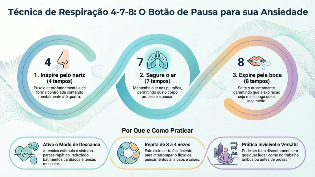 infográfico da técnica de respiração 4-7-8: inspire em 4 tempos, segure por 7, expire em 8 — método para controlar a ansiedade