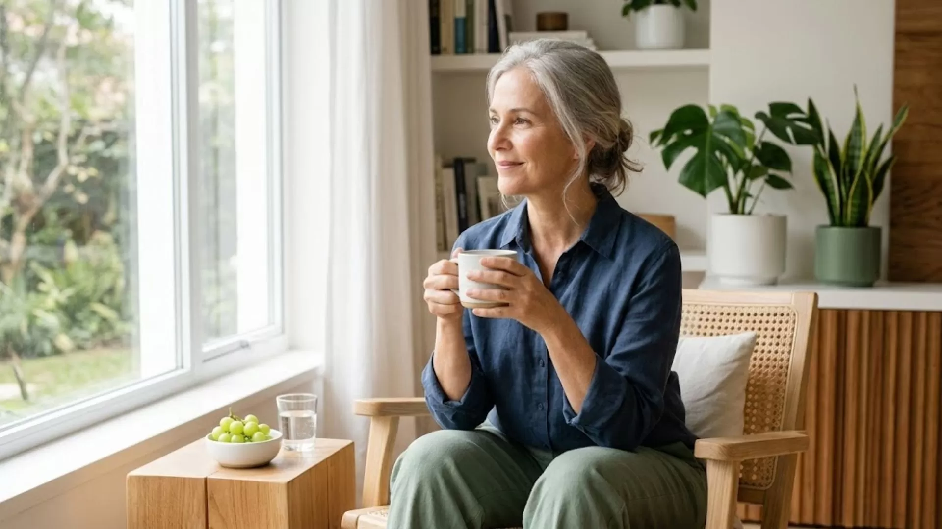 Pessoa madura em momento de bem-estar em casa transmitindo controle da saúde e pressão arterial.