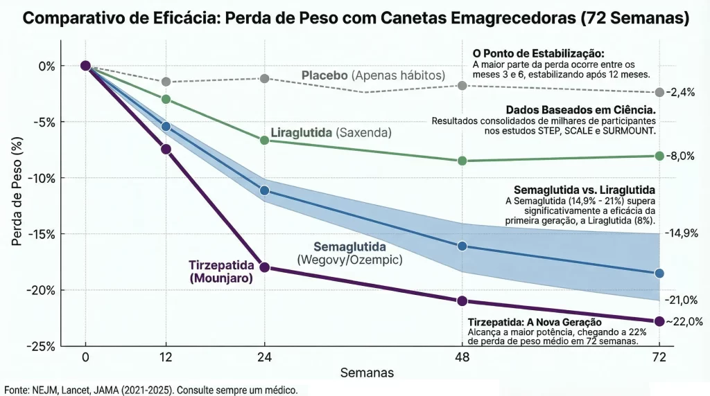 Gráfico de linha mostrando perda de peso ao longo de 72 semanas comparando eficácia de liraglutida semaglutida tirzepatida e placebo em estudos clínicos