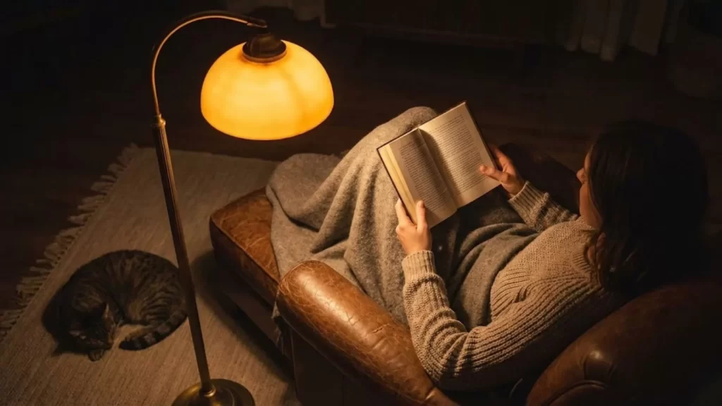 Pessoa lendo um livro sob luz âmbar, praticando higiene do sono para evitar a luz azul.