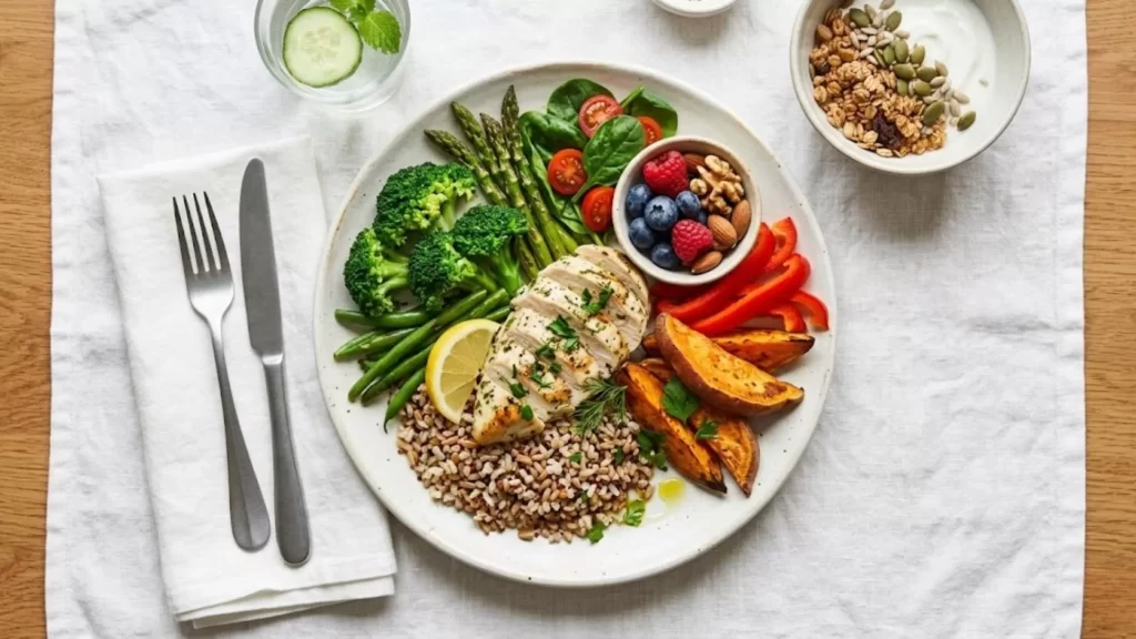 Prato colorido seguindo a dieta DASH para controle natural da pressão arterial com potássio e magnésio.