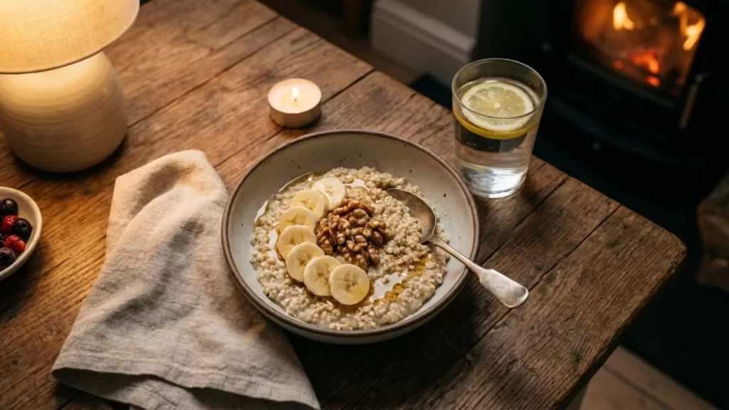 Refeição leve e saudável contendo banana e aveia, ideal para estimular a melatonina antes de dormir.