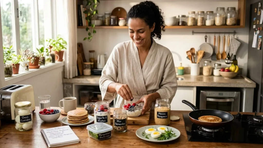 Café da manhã protéico - Uma mulher sorrindo, de cabelo cacheado e vestindo um robe bege, está de pé em uma cozinha rústica e organizada, preparando um café da manhã saudável. Ela está no centro, segurando e montando uma tigela de iogurte com mirtilos e sementes. Na bancada de madeira em frente a ela, há uma tostadeira, uma xícara de café com vapor e vários potes de vidro com rótulos em português: "Ovos Cozidos", "Iogurte & Frutas", "Massa Panqueca", "Mix Sementes" e um recipiente plano com "Panquecas Proteicas". Na bancada, também há uma pilha de panquecas prontas, um prato com metades de ovos cozidos e verduras, e um caderno de receitas aberto com uma caneta. Ao fundo, prateleiras abertas estão repletas de potes de vidro com grãos e sementes, e uma janela com plantas de interior e luz natural. Uma frigideira com uma panqueca cozinhando está no fogão à direita.