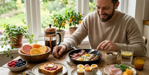 Café da manhã protéico - Fotografia realista de um homem sorridente tomando um café da manhã farto em uma mesa de madeira rústica, perto de uma janela bem iluminada. A mesa está cheia de alimentos, destacando-se uma frigideira com ovos, bacon e linguiças, além de pratos com frutas frescas, torradas, ovos cozidos, frios e uma prensa francesa com café.