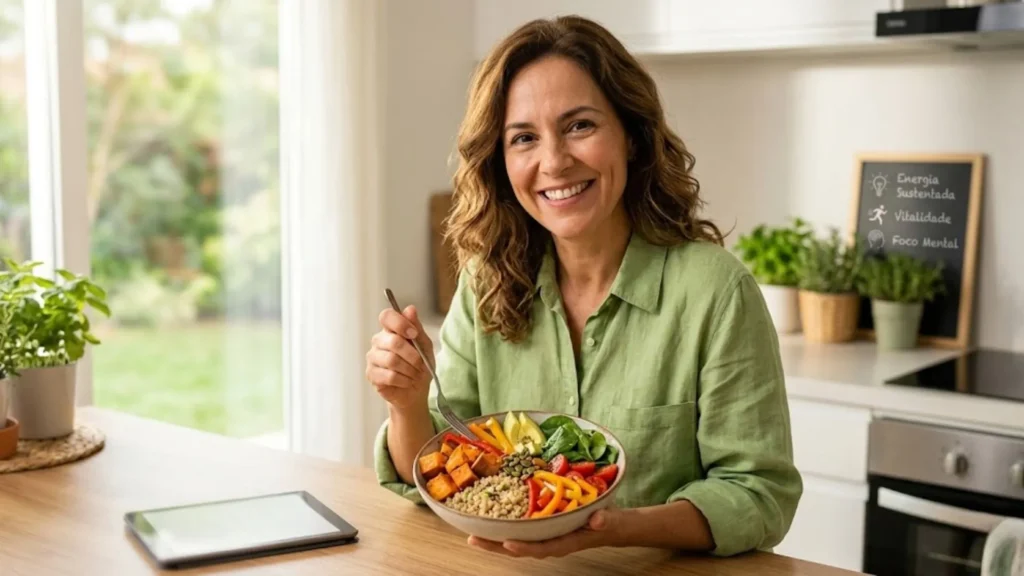 Carboidratos: Fotografia realista de uma mulher sorridente em uma cozinha bem iluminada, segurando com uma das mãos uma tigela nutritiva que contém batata-doce em cubos, quinoa, abacate, pimentões coloridos, espinafre, tomates-cereja e sementes. Com a outra mão, ela segura um garfo. Na mesa de madeira à sua frente, um tablet exibe o texto "Carboidratos e Bem-Estar". Ao fundo, desfocado, há um pequeno quadro negro com as anotações "Energia Sustentada", "Vitalidade" e "Foco Mental". A mulher veste uma camisa verde clara, transmitindo uma sensação de saúde, leveza e vitalidade.