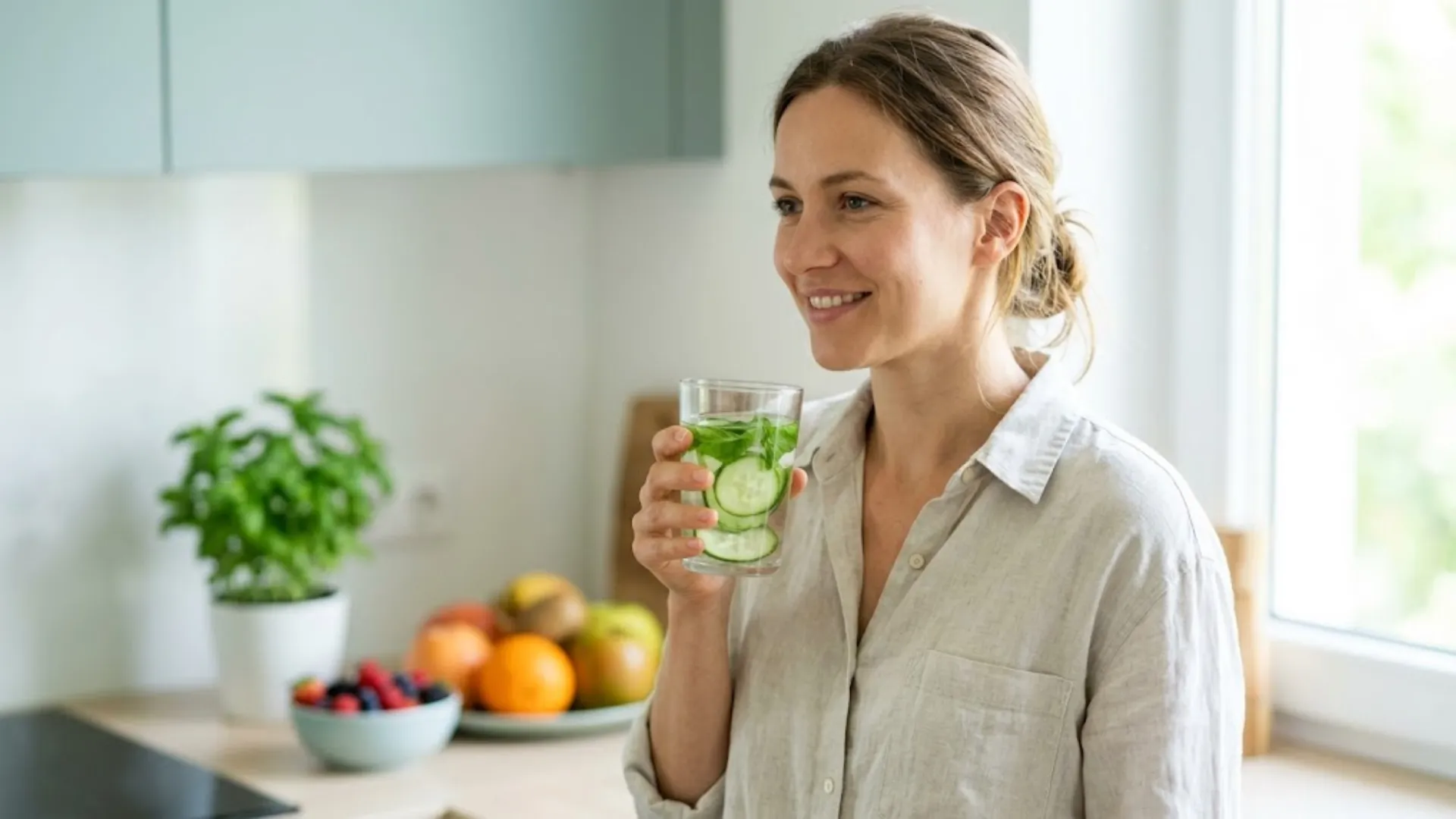Mulher sorrindo com água refrescante e frutas frescas, detox pós-festas.