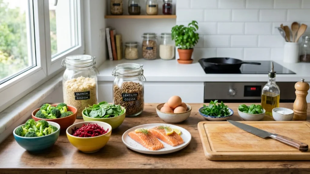 Receitas para Cérebro Ativo: Ingredientes frescos e organizados para jantares rápidos e nutritivos.