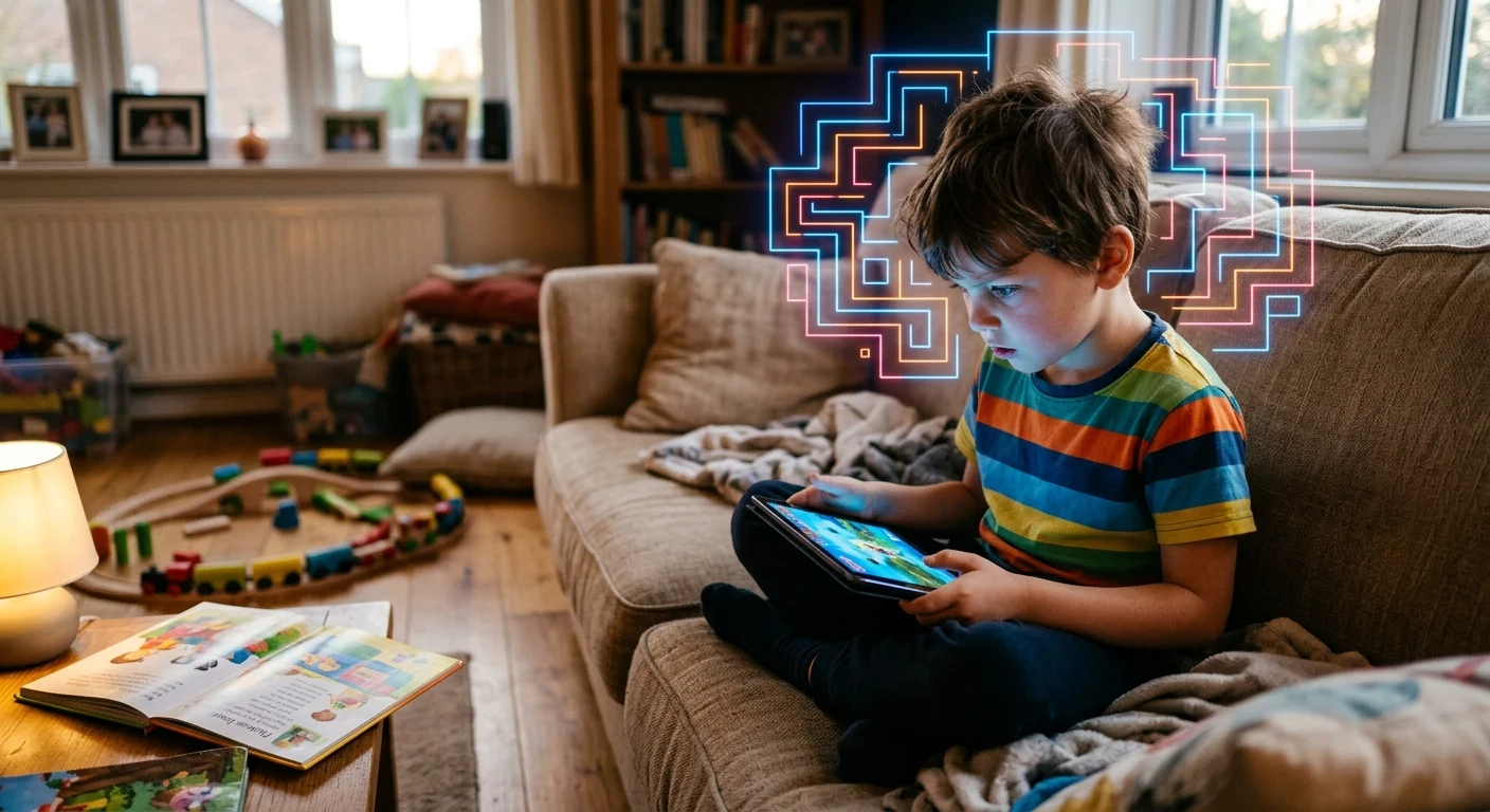Criança com TDAH focada em uma tela, ilustrando o labirinto da dopamina e o impacto das telas no foco.