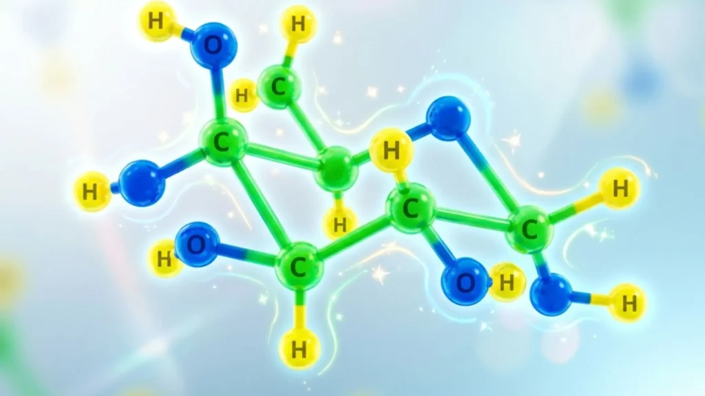 Estrutura molecular da glicose, fonte primária de energia para o corpo humano