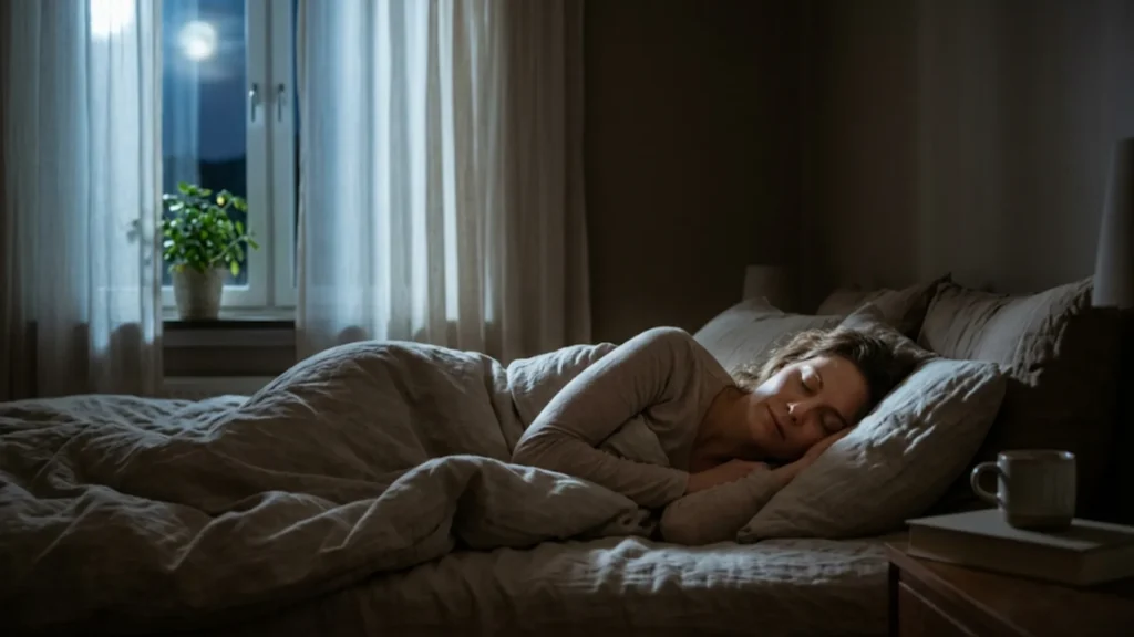 Pessoa dormindo tranquilamente, simbolizando o descanso essencial para a recuperação pós-festas.