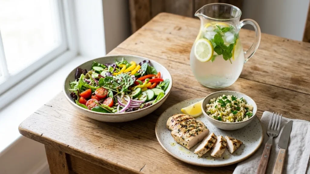 Prato balanceado com água saborizada, salada colorida e proteína magra para recuperação pós-festas.