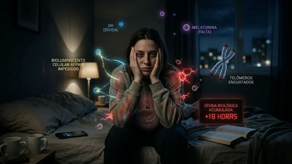 Imagem fotorrealista de uma mulher sentada na beira da cama, em um quarto à meia-luz, demonstrando profunda exaustão com as mãos no rosto. Ao redor dela, elementos gráficos holográficos flutuam, ilustrando os danos biológicos da falta de sono: marcadores indicam "GH (Dívida)" e "Melatonina (Falta)", um cromossomo desgastado é rotulado como "Telômeros encurtados", e um visor digital vermelho alerta para "Dívida Biológica Acumulada". Uma sobreposição luminosa no tronco da mulher mostra o sistema interno em estado de estresse, simbolizando a falha na reparação celular diária.
