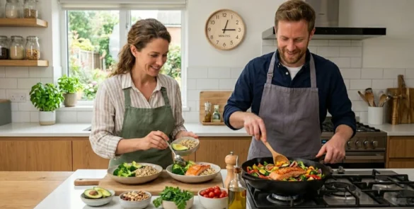 Receitas para Cérebro Ativo: Pais e mães preparando jantar rápido e saudável para melhorar a função cognitiva.