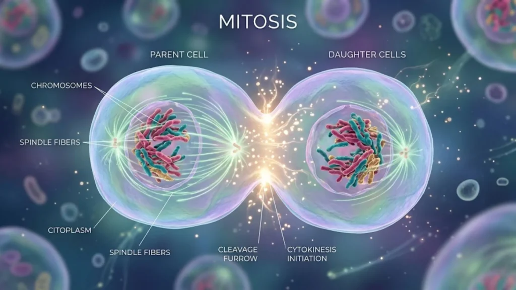 Ilustração científica de células em processo de mitose, mostrando a essencial regeneração celular para a vitalidade do corpo.