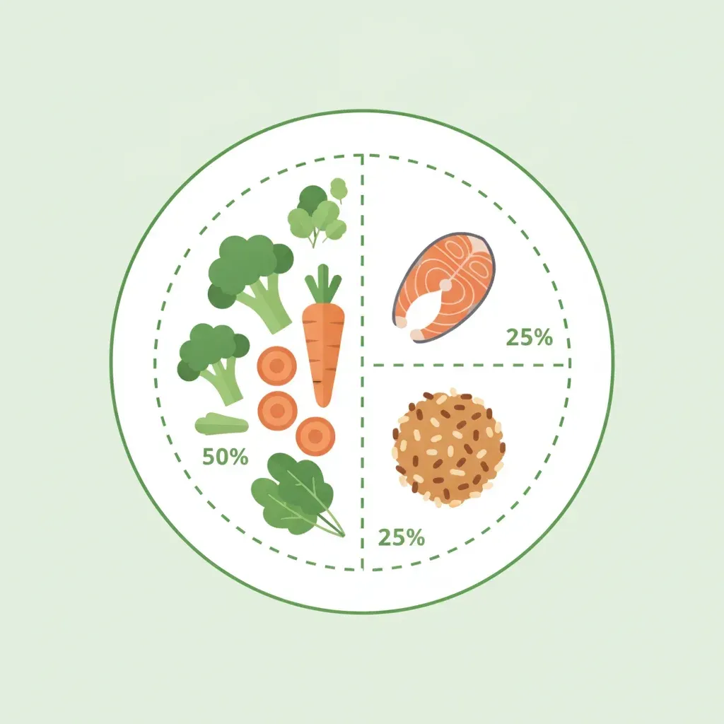 Ilustração de como montar um prato saudável no dia a dia com a divisão de 50% vegetais, 25% proteínas e 25% carboidratos.