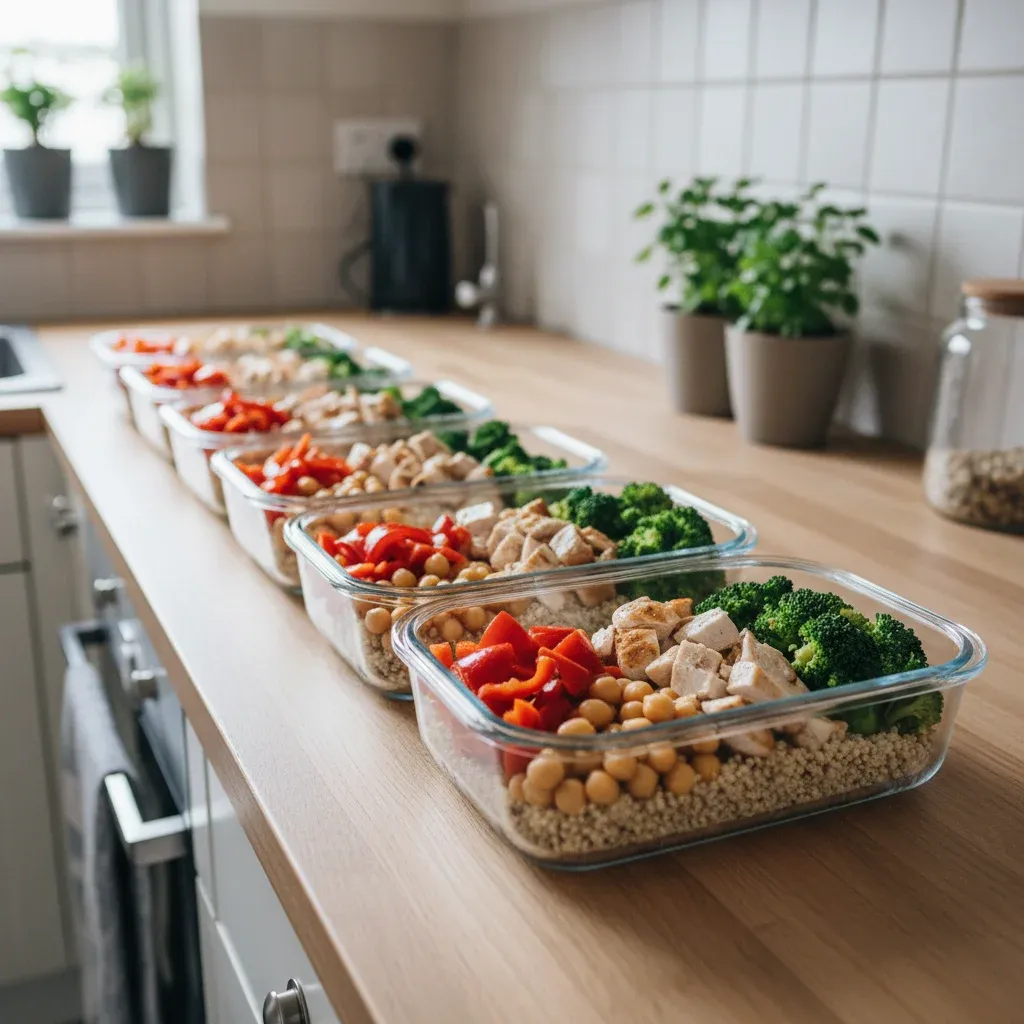 Potes de vidro com comida saudável preparada para a semana, mostrando como comer saudável no dia a dia com planejamento.