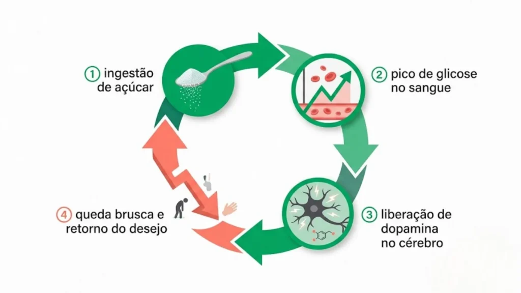 Diagrama do loop glicêmico e dopaminérgico explicando a compulsão por açúcar