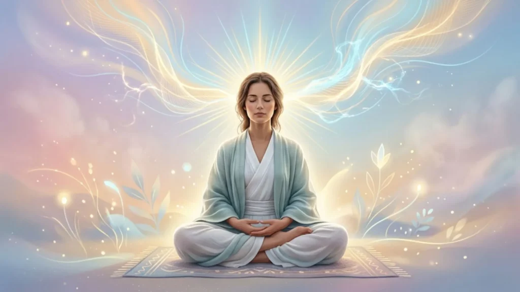 Ilustração de pessoa meditando com raios de luz representando calma e equilíbrio