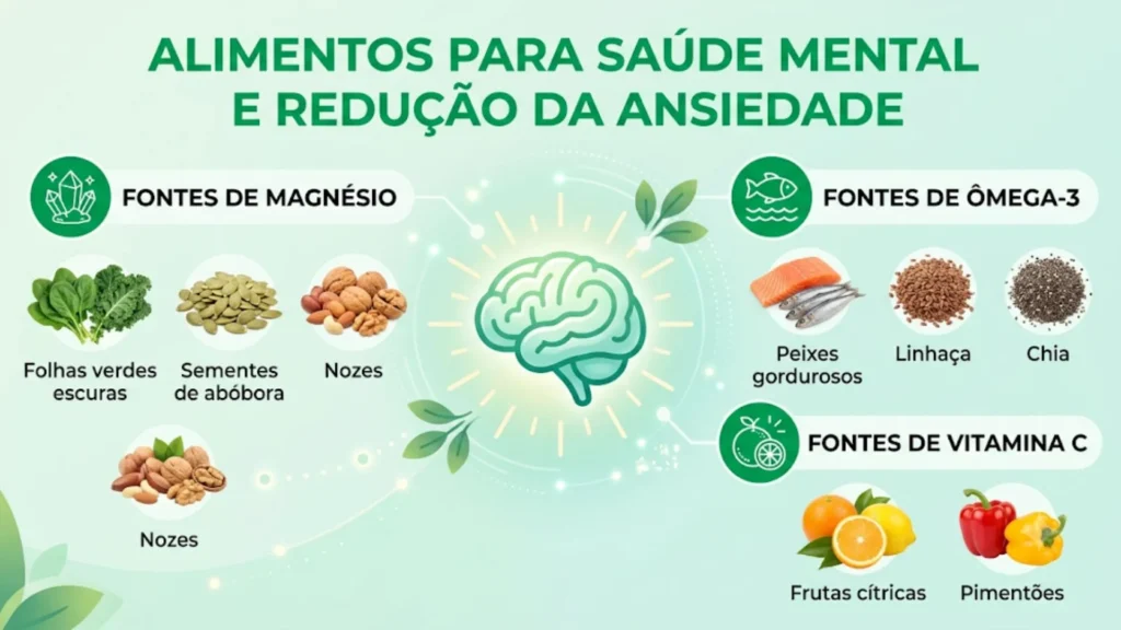 Infográfico mostrando alimentos ricos em magnésio, ômega-3 e vitamina C