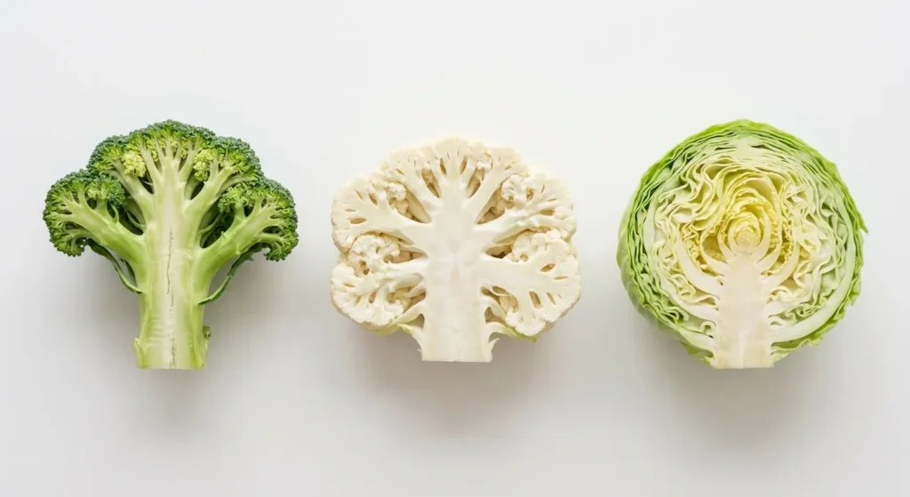Mesma espécie, partes completamente diferentes — brócolis, couve-flor e repolho são a mesma planta