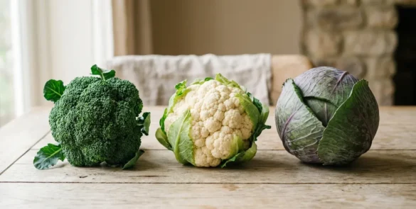 Broccoli, cauliflower, and cabbage side by side — three vegetables from the same plant species, Brassica oleracea