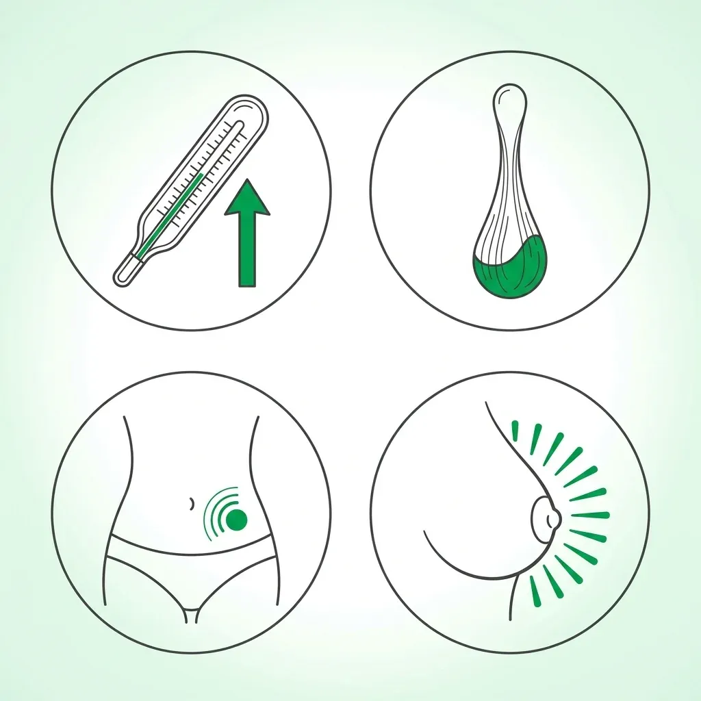 Ilustração dos sinais físicos do período fértil e ovulação no ciclo menstrual feminino