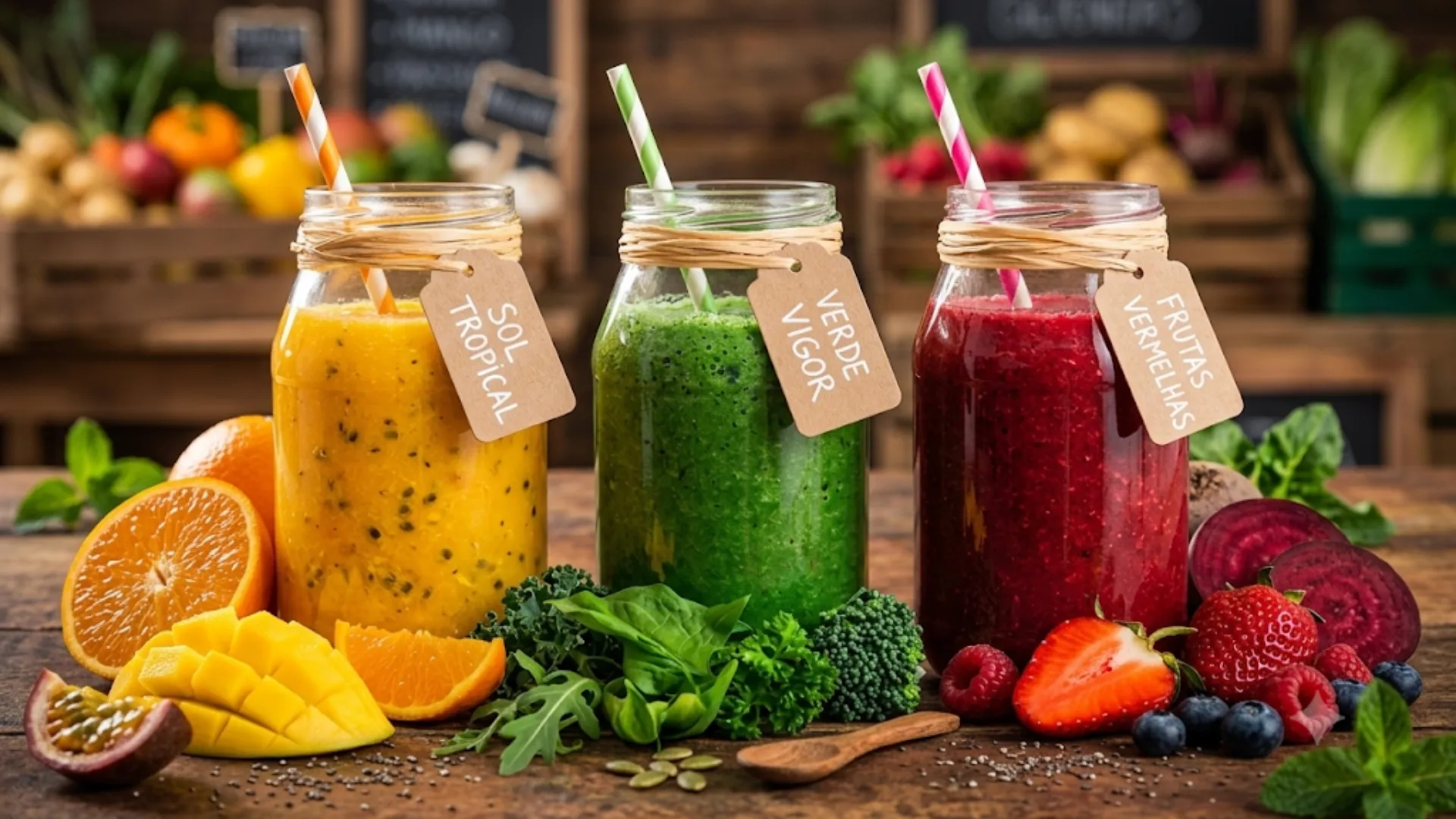 Três potes de vidro com smoothies vibrantes nas cores amarela, verde e vermelha, enfileirados sobre uma mesa de madeira rústica. Cada pote possui um canudo de papel listrado combinando com a cor da bebida e uma etiqueta de papel pardo amarrada no gargalo com os nomes 'Sol Tropical', 'Verde Vigor' e 'Frutas Vermelhas'. Ao redor da base de cada frasco estão os ingredientes frescos correspondentes: manga, laranja e maracujá perto do pote amarelo; folhas verdes, brócolis e sementes perto do pote verde; e morangos, framboesas, mirtilos e fatias de beterraba perto do pote vermelho. O fundo é levemente desfocado, sugerindo um empório ou mercado rústico com caixotes de madeira, vegetais e lousas desfocadas ao fundo