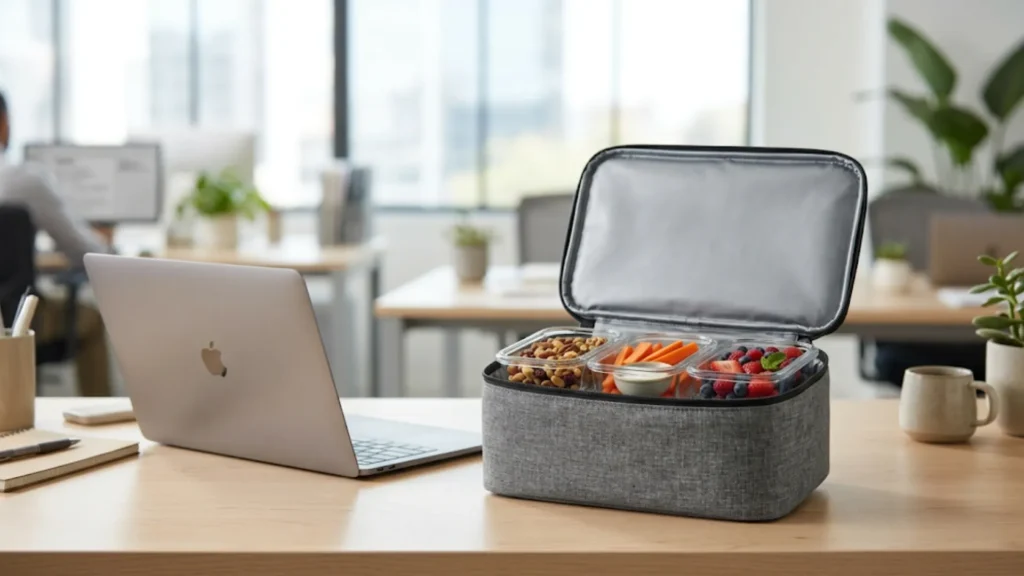 Bolsa térmica com recipientes de lanches saudáveis para trabalho organizados