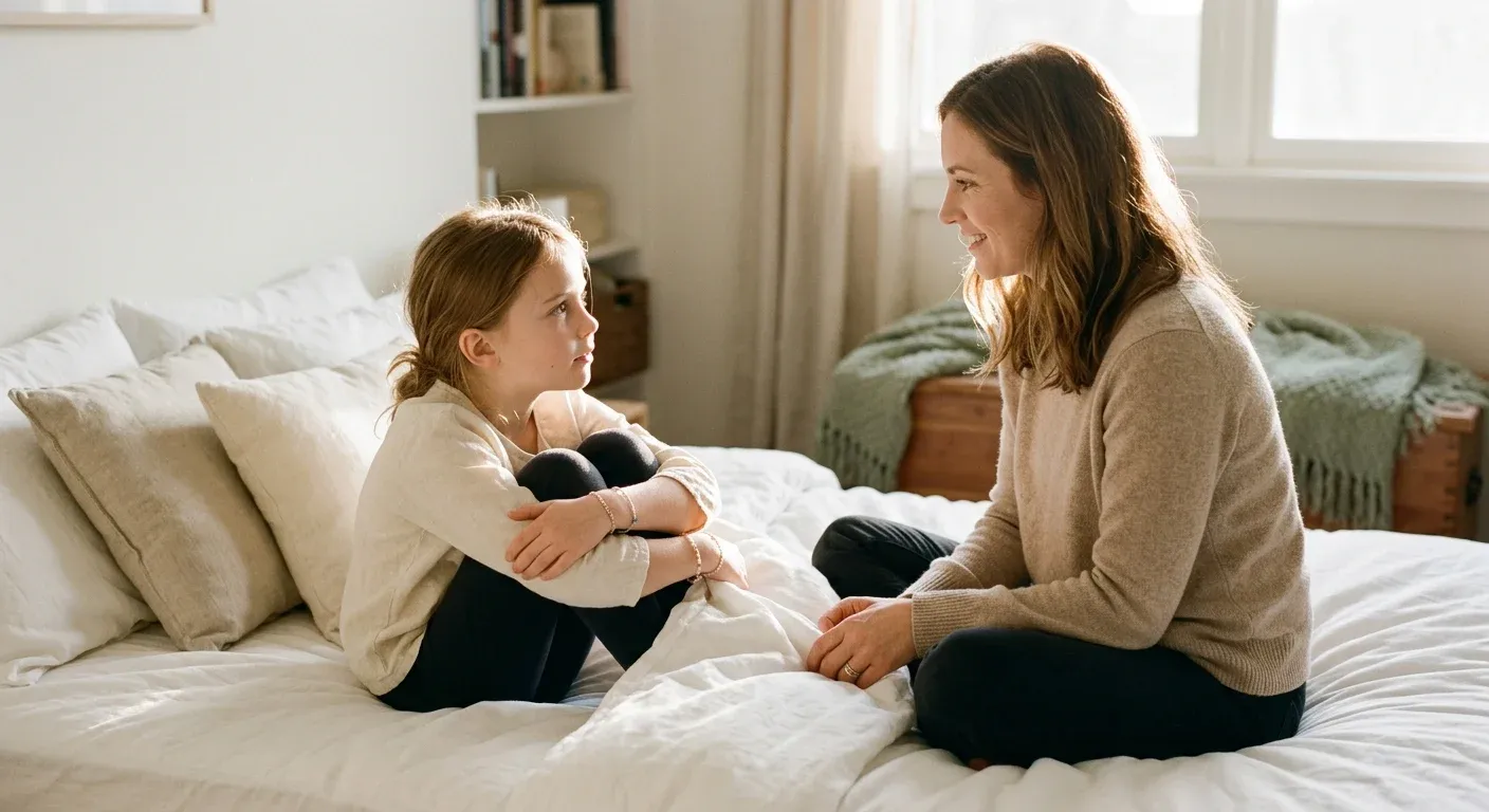 Mãe conversando com filha de cerca de 8 anos sobre sentimentos e saúde mental