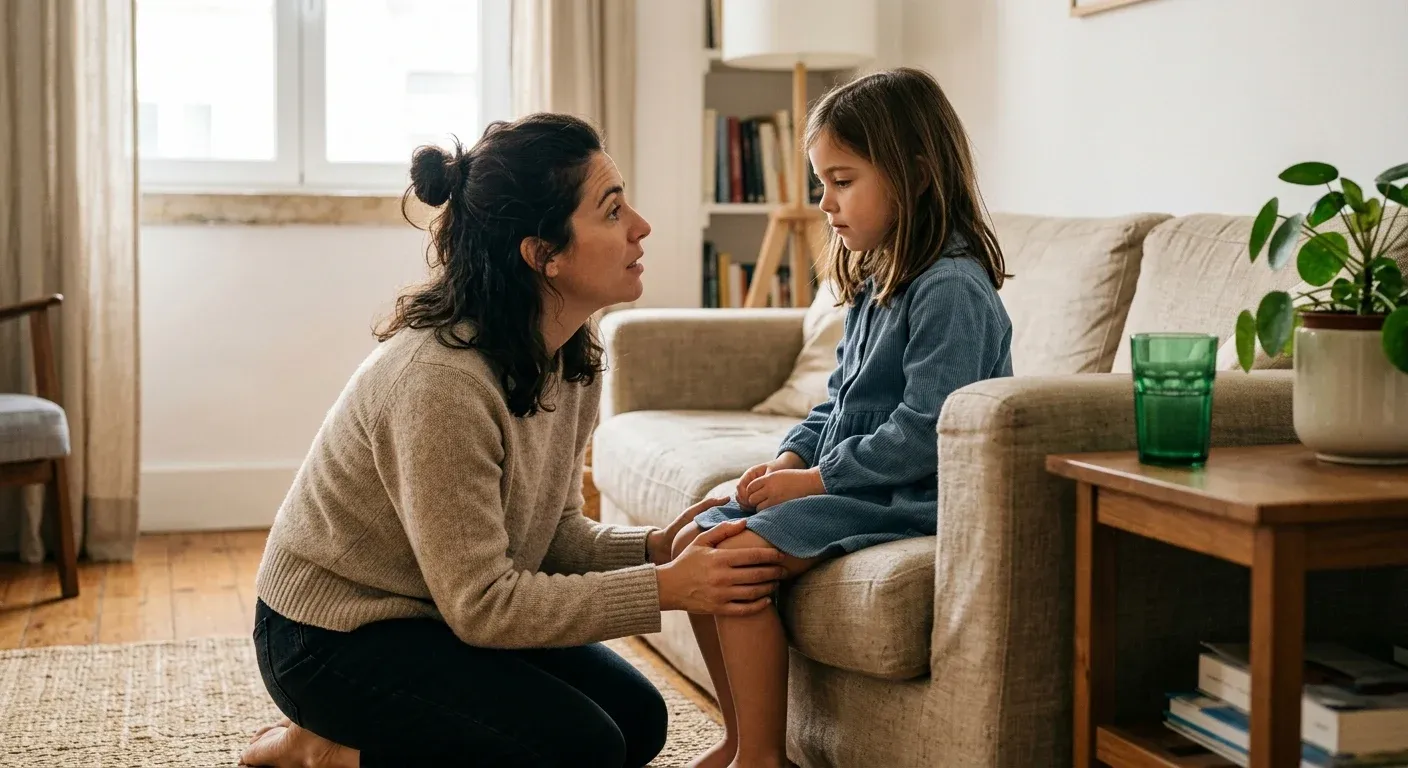Mãe no nível do olhar da filha conversando sobre saúde mental com crianças em casa
