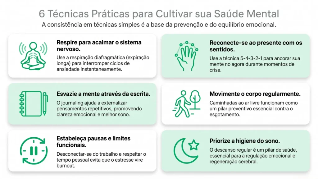 Saúde mental guia completo: Infográfico com seis técnicas práticas de saúde mental como respiração, aterramento e higiene do sono