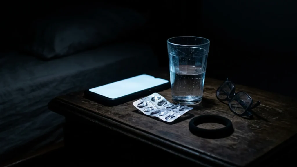 Mesa de cabeceira de madrugada com água, analgésico e óculos, sinais físicos do burnout e sono não restaurador