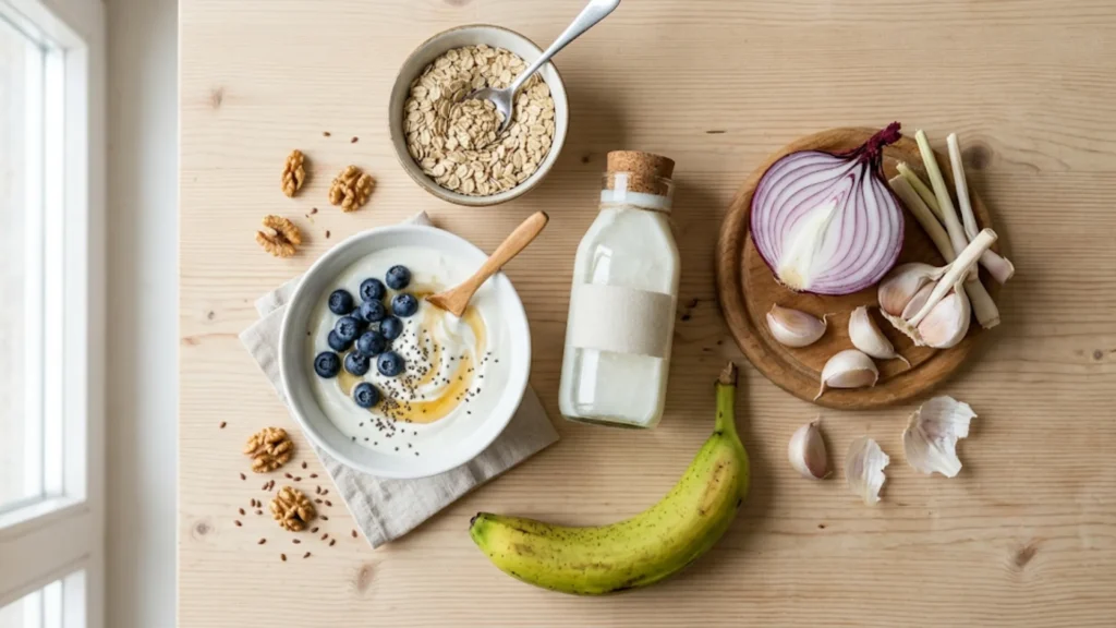 Seleção de alimentos prebióticos e probióticos como aveia, alho, cebola, iogurte e kefir para saúde intestinal