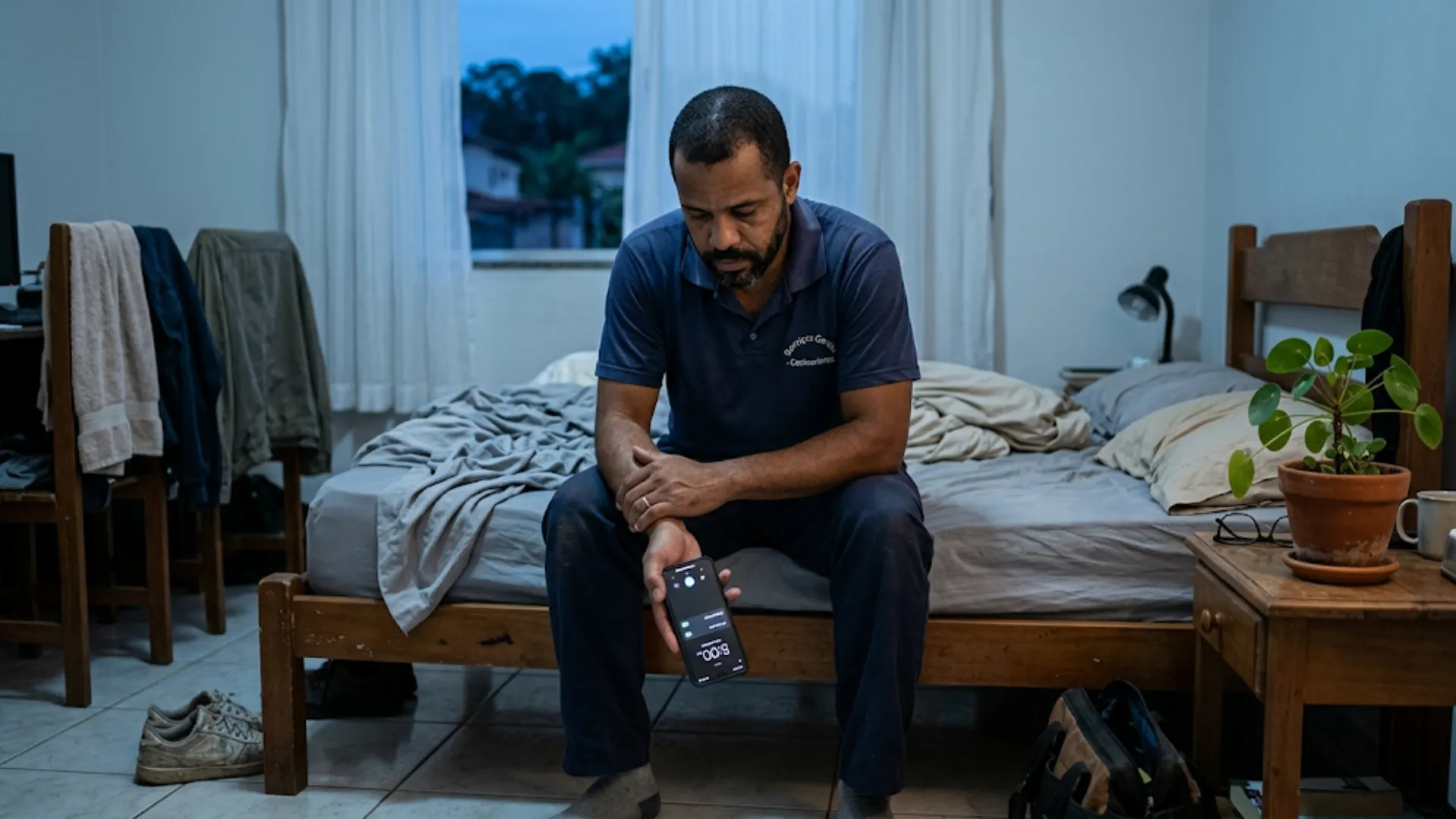 Homem já vestido para o trabalho sentado exausto na beira da cama ao amanhecer, sinais de burnout