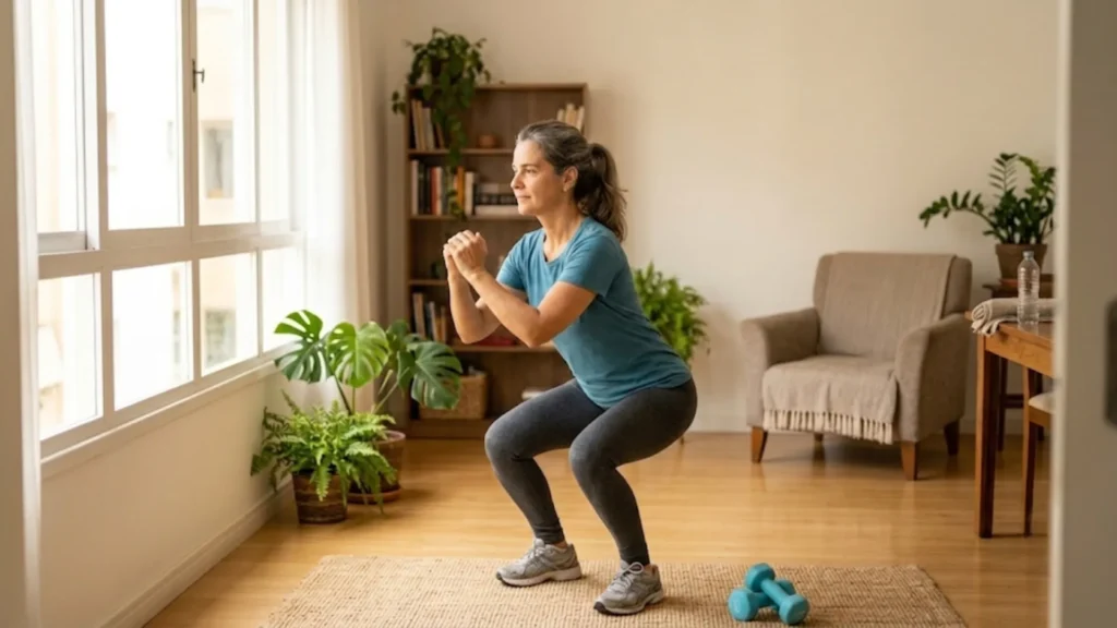 Pessoa acima de 40 anos fazendo agachamento com boa postura no treino de força para prevenir a sarcopenia