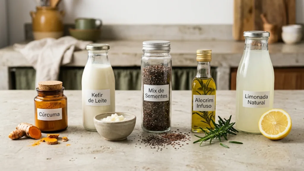 Variedade de bebidas funcionais com ingredientes como probióticos, adaptógenos e proteínas nas prateleiras